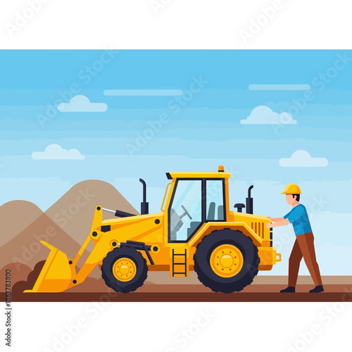 Construction worker pushing yellow front loader tractor on dirt ground with blue sky background