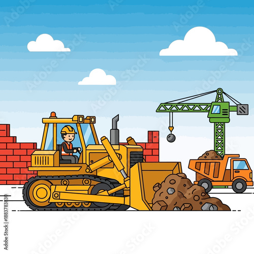 Construction site with bulldozer, crane, dump truck, and brick wall under blue sky