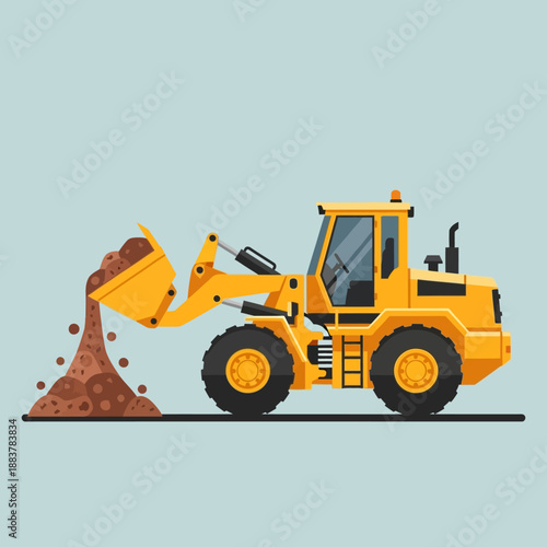 Yellow wheel loader dumping soil on construction site, flat design illustration
