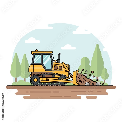 Yellow bulldozer pushing dirt and rocks in a flat design illustration