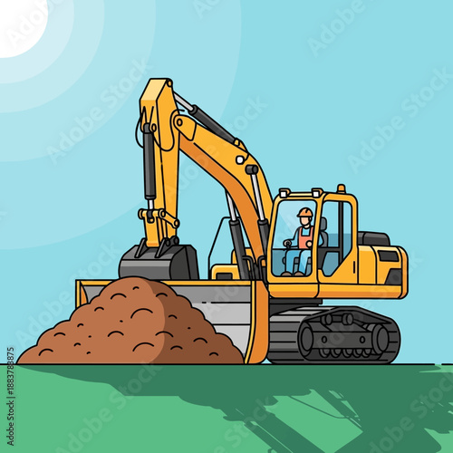 Yellow excavator digging soil on green field with blue sky background