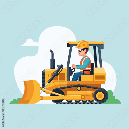 Construction worker driving a yellow bulldozer across a field