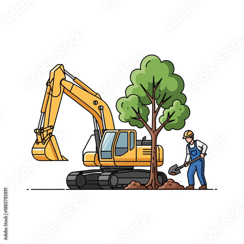 Construction Worker Plants Tree Next to Excavator