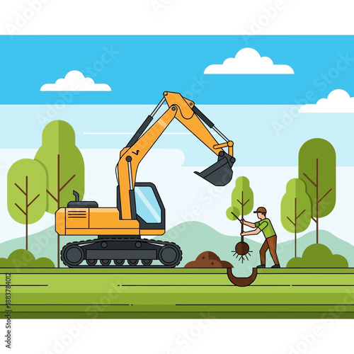 Excavator and Gardener Planting Tree in Nature Landscape