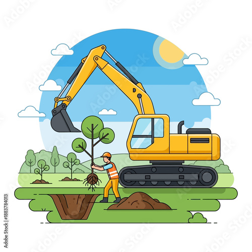Construction worker planting tree with excavator in reforestation project
