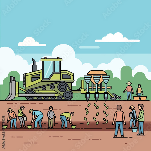 Farming tractor planting seeds with workers in a field, agricultural illustration