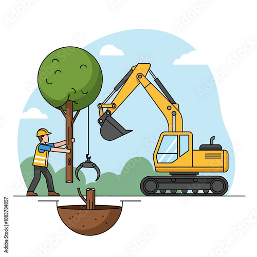 Excavator Moving Tree, Construction Worker Planting Sapling
