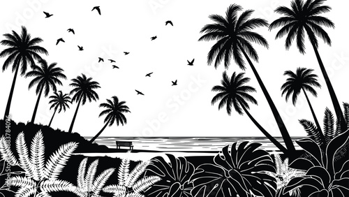 Tropical beach landscape silhouette with palm trees, ocean horizon and flying birds illustration, exotic summer nature scenery, travel paradise concept isolated on white background