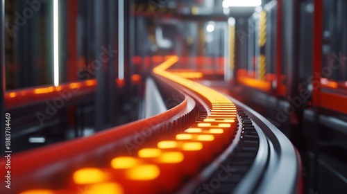 Futuristic conveyor belt with glowing elements in a modern factory