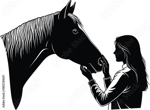 Black and white silhouette of a young woman gently touching a horse head, symbol of trust, equestrian bond, animal friendship, and equine therapy (24 words)