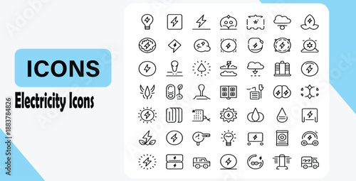Vector illustration of electricity related icons featuring various symbols and equipment used in energy and power
