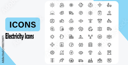 Vector illustration of electricity related icons featuring various symbols and equipment used in energy and power