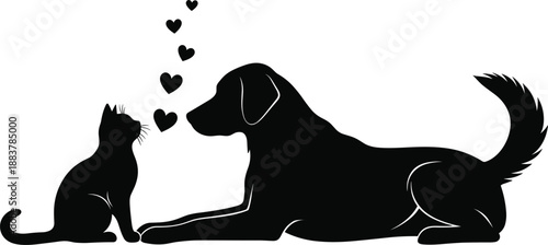 Black silhouette of a cute cat and large dog lying together with floating hearts, symbol of pet friendship, animal love, and domestic harmony (24 words)