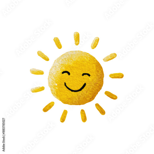 A smiling, yellow sun illustration with a painted texture on a transparent background