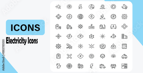 Vector illustration of electricity related icons featuring various symbols and equipment used in energy and power