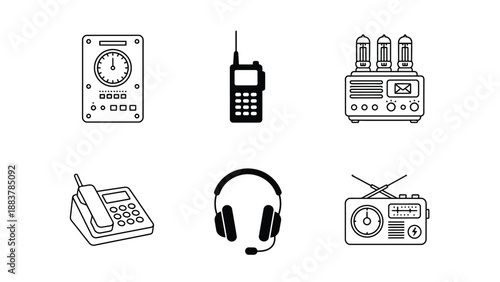 A collection of various communication devices on a white background