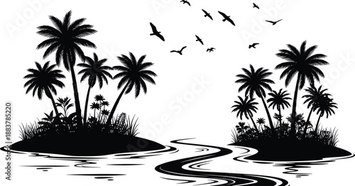 Tropical island landscape with palm tree silhouettes and a winding river under flying birds, exotic summer paradise black and white vector illustration,