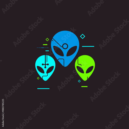 Captivating stylized alien heads, a digital concept illustrating advanced artificial intelligence, cosmic technology, with futuristic circuits and enigmatic symbols