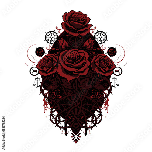 Gothic Red Roses with Intricate Designs - Dark Floral Illustration