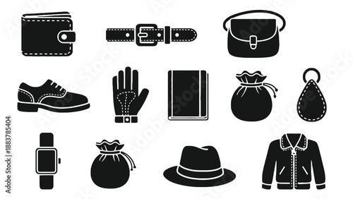 A collection of black and white fashion accessories and personal items icons