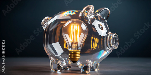 A transparent glass piggy bank holding a glowing filament light bulb symbolizing energy saving and bright financial ideas