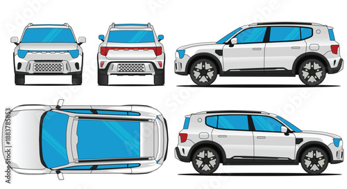 Vector illustration of white sport utility vehicle (SUV) in various views front, rear, side, and top, suitable for automotive design and transport projects