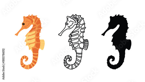 Three seahorse illustrations in different colors and styles on a white background