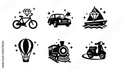 A collection of transportation icons with sparkles on a white background