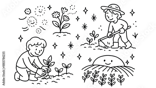 Two children planting and tending to a garden with flowers and sparkles