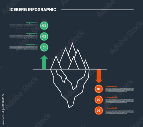 Hidden iceberg infographic process diagram with comparison opposite with positive and negative part with dark background bright outline style 6 points