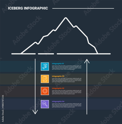 Hidden iceberg infographic process diagram with transparent row rectangle box table on bottom with arrow up and down with dark background bright outline style 4 points