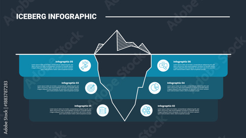 Hidden iceberg infographic process diagram with bottom area with rectangle round on stacked list reverse pyramid with dark background bright outline style 3 points