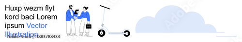 Teamwork, business solutions, modern transportation, eco-friendly concepts, collaboration, cloud computing. Two businesspeople interact beside an electric scooter and cloud graphic. Teamwork