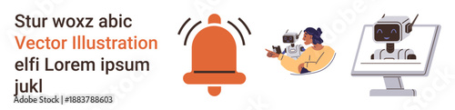 Digital communication, AI technology, notifications, virtual assistant, machine interaction, digital alert. Bell icon with alert lines, person with virtual assistant robot on screen. Digital