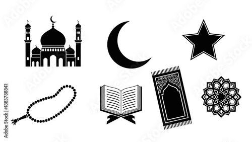 Collection of Islamic symbols including a mosque, crescent moon, star, prayer beads, Quran, prayer rug, and geometric patterns