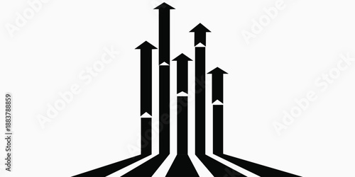 Black arrows pointing upwards from a common base, symbolizing growth, progress, and increasing trends in a minimalist graphic design.