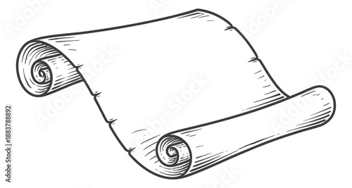 Hand drawn line art illustration of a scroll depicting an empty unfurled parchment for ancient messages