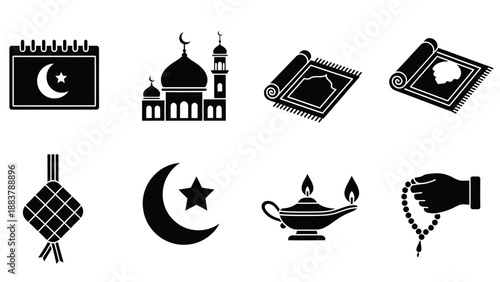 Collection of Islamic and cultural symbols including mosque, crescent moon, star, Quran, lantern, prayer beads, and traditional art