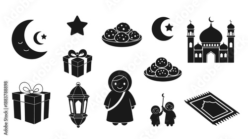 Collection of Islamic Ramadan and Eid-themed icons including crescent moons, stars, mosques, lanterns, gifts, cookies, a woman in traditional dress, children, and a prayer rug