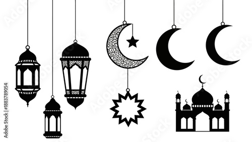 Collection of black silhouettes of hanging lanterns, crescent moons, stars, a star-shaped ornament, and a mosque, set against a white background