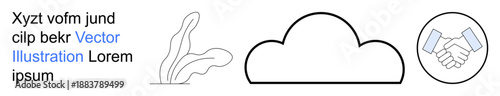 Technology, collaboration, environment, business management, digital connection, growth. Simple icons of a cloud, organic shape and handshake. Technology and collaboration in design