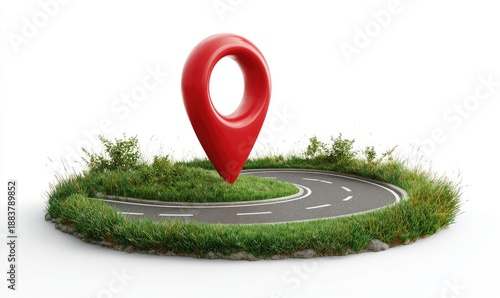 A red, stylized location marker floats above a winding road on a patch of grassy ground