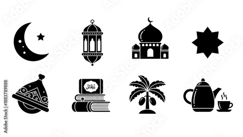 Collection of black holiday and cultural icons, including moon, star, lantern, mosque, star-shaped ornament, hat, books, palm tree, teapot, and cup