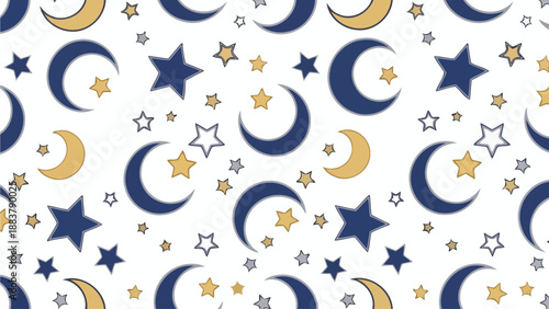 A seamless pattern featuring a repeating arrangement of dark blue and golden crescent moons and stars on a white background.