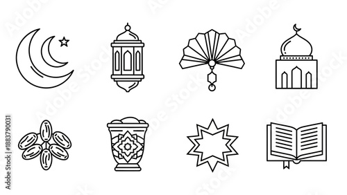 Collection of Islamic symbols including crescent moon, star, lanterns, fan, mosque dome, dates, coffee, star-shaped ornament, and Quran