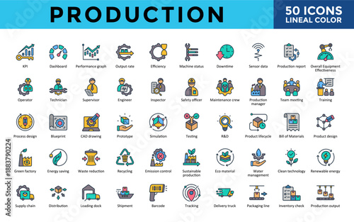 Production icons set with output rate, efficiency, machine status, downtime, shipment, barcode, performance graph, tracking, delivery truck icon. Simple lineal color vector 
