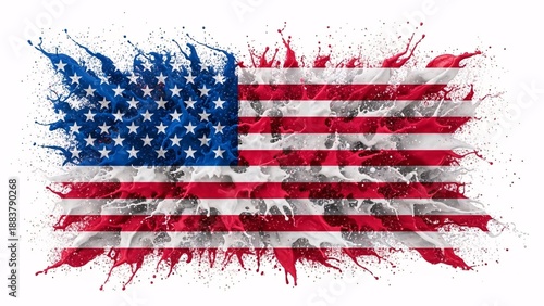 A grunge American flag illustration featuring the patriotic red white and blue stars and stripes of the United States national symbol isolated on a textured banner of the nation