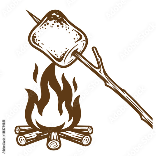 Drawing Vintage grunge  texture A toasted marshmallow on a stick over a campfire with flames burning wood logs in a fire pit outdoors
