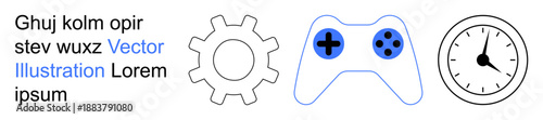 Technology, gaming, workflows, productivity, scheduling, user interface. A gear icon, game controller and clock symbol together. Technology and gaming concepts