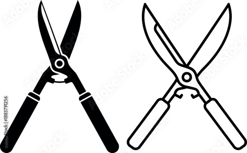 Garden Pruning Shears Silhouette and Outline Icon Illustration